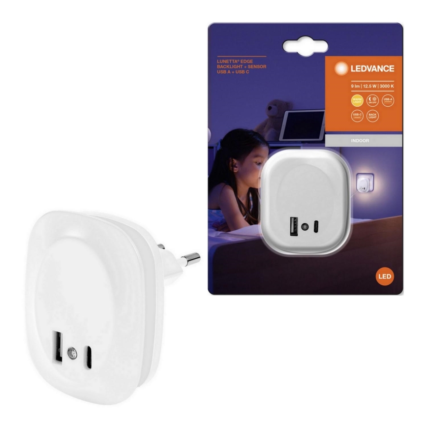 Ledvance - LED nattlampa med sensor och kontakt och USB LUNETTA LED/12,5W/230V 3000K vit