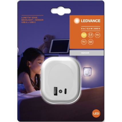Ledvance - LED nattlampa med sensor och kontakt och USB LUNETTA LED/12,5W/230V 3000K vit