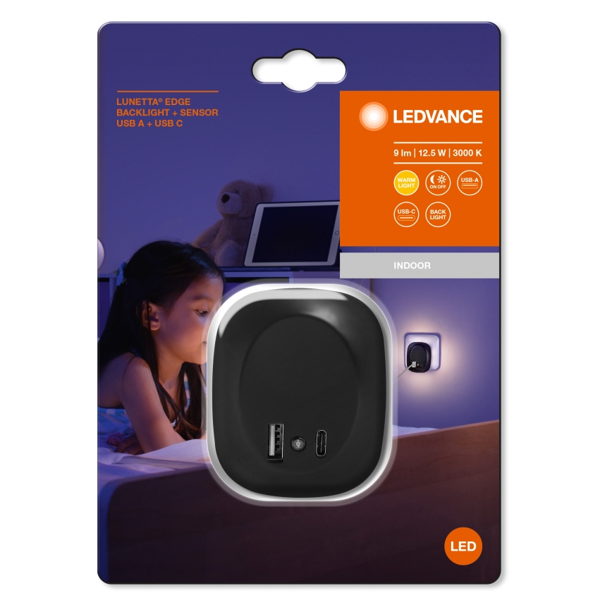 Ledvance - LED nattlampa med sensor och kontakt och USB LUNETTA LED/12,5W/230V 3000K svart