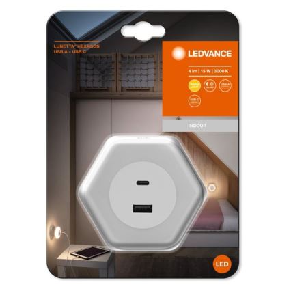 Ledvance - LED navigationslampa med stickkontakt med USB LUNETTA LED/15W/230V