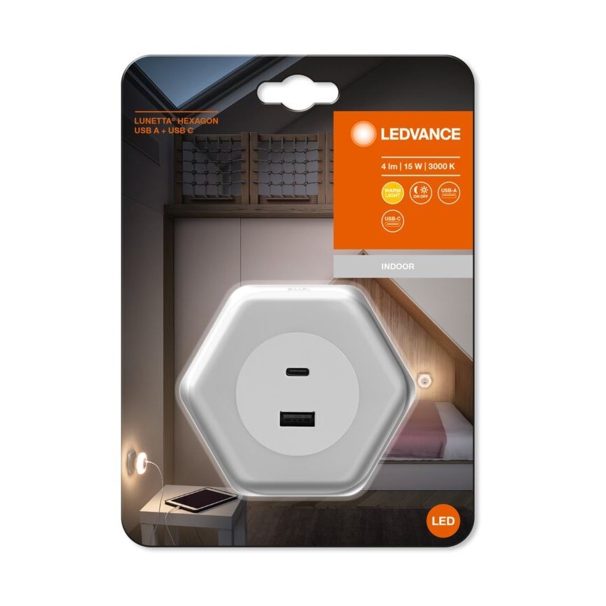 Ledvance - LED navigationslampa med stickkontakt med USB LUNETTA LED/15W/230V