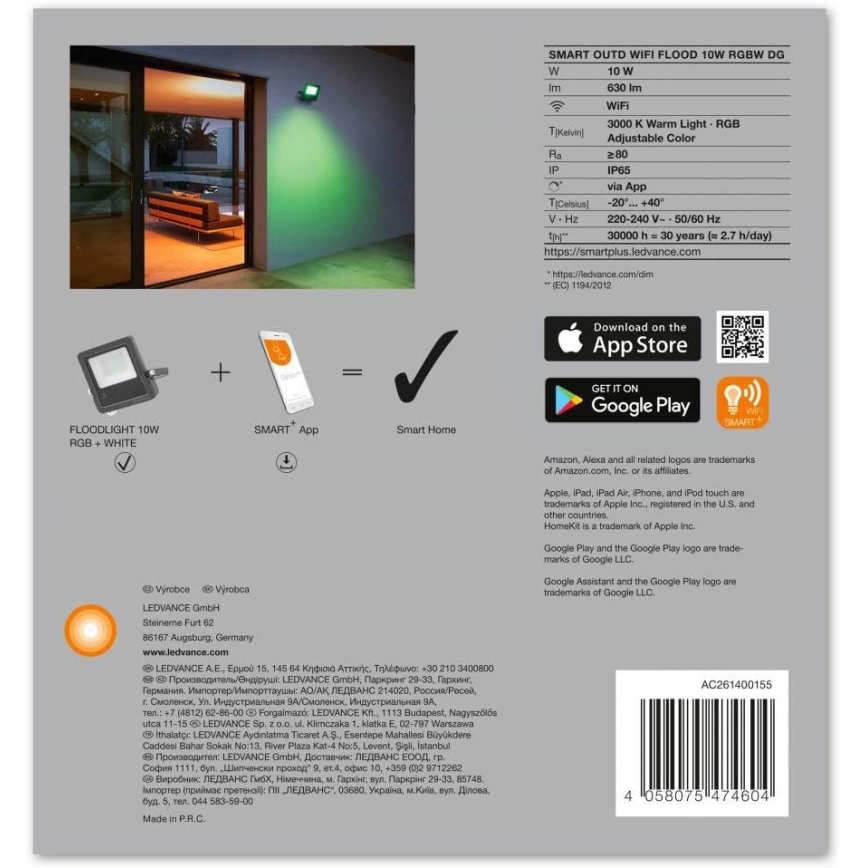 Ledvance - LED RGBW Strålkastare SMART+ FLOOD LED/10W/230V IP65 Wi-Fi
