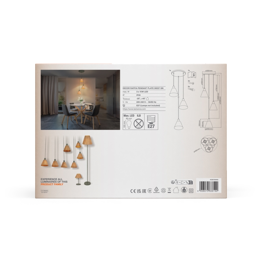 Ledvance - Ljuskrona med textilsladd DECOR RAFFIA 3xE27/15W/230V raffiabaster