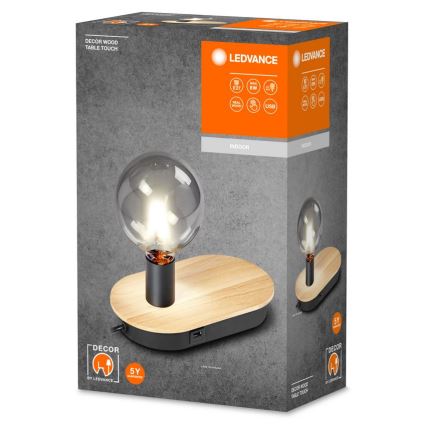 Ledvance - Touchbordslampa med USB-kontakt DECOR WOOD 1xE27/8W/230V gummiträ