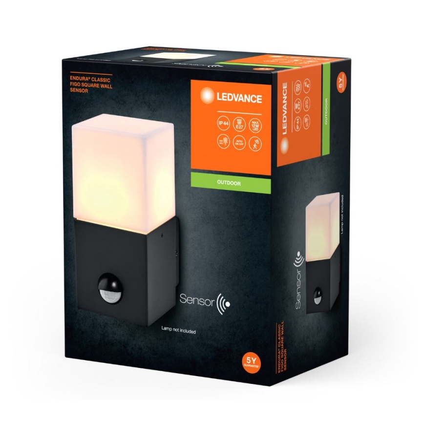 Ledvance - Utomhus vägglampa med sensor FIGO SQUARE 1xE27/20W/230V