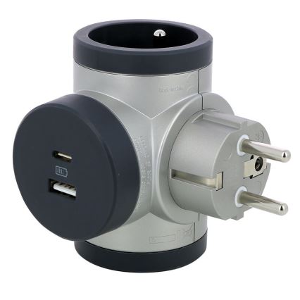 Legrand 049439 - Uttagssplitter roterande 2Z Typ E + USB-A + USB-C silver/svart