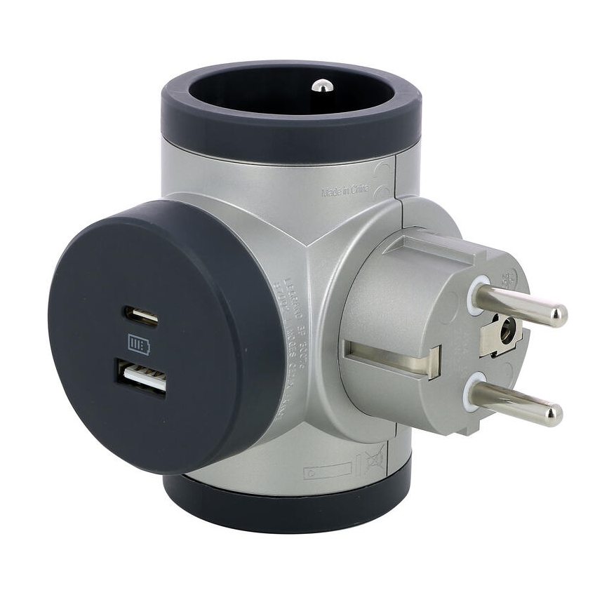 Legrand 049439 - Uttagssplitter roterande 2Z Typ E + USB-A + USB-C silver/svart