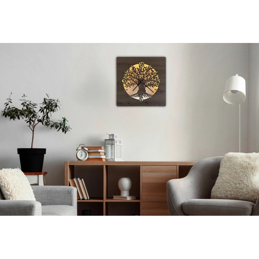 Li-Go 23537/DUB2 - LED-dimbar väggklocka LED/10W/5V 20000 mAh 42x42 cm ek/olivträ i cirkel + fjärrkontroll
