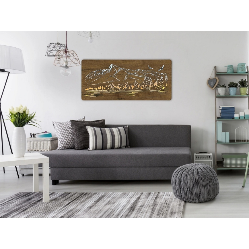 Li-Go 5589/A/DUB2 - LED-dimbar väggdekoration LED/10W/5V 30000 mAh 110x50 cm ek/berg med fåglar