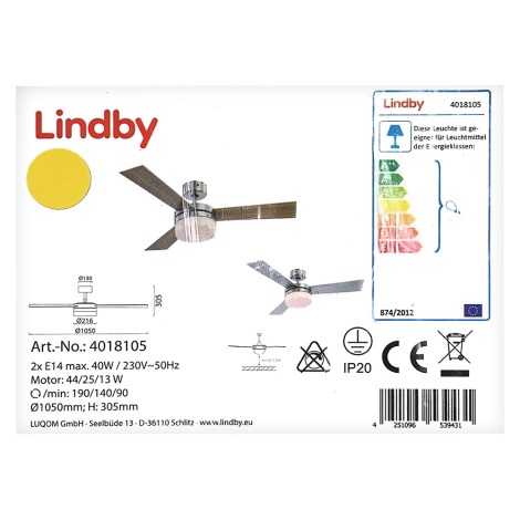 Lindby - Takfläkt ALVIN 2xE14/40W/230V + fjärrkontroll