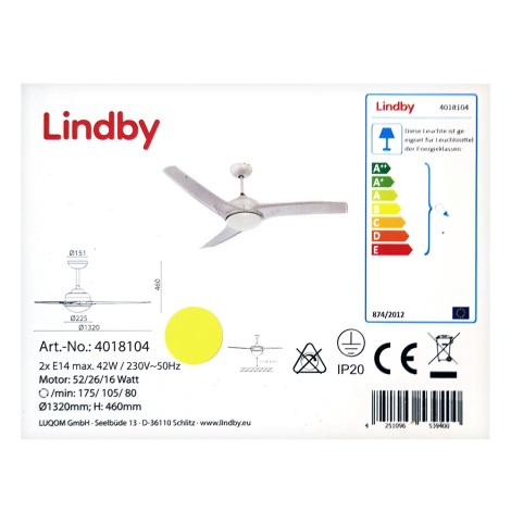 Lindby - Takfläkt EMANUEL 2xE14/42W/230V + fjärrkontroll