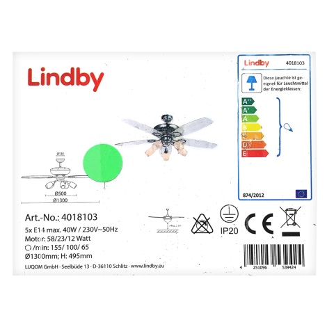 Lindby - Takfläkt med en belysning CEDRIK 5xE14/40W/230V