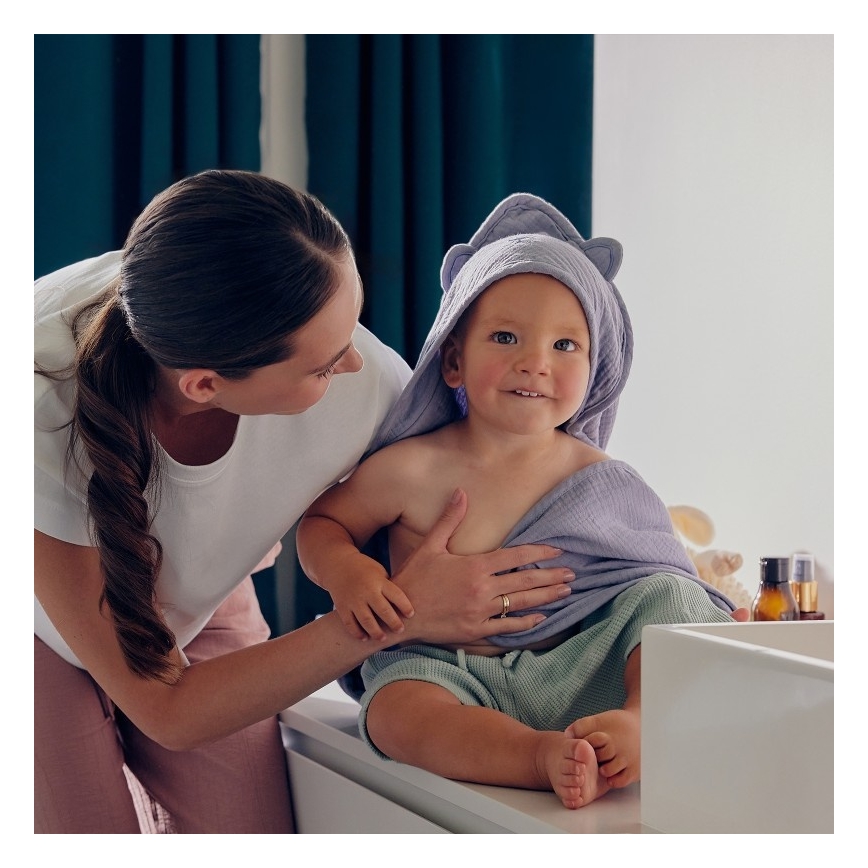 Lionelo - Barnbadcape i musselin med huva, Grå himmel