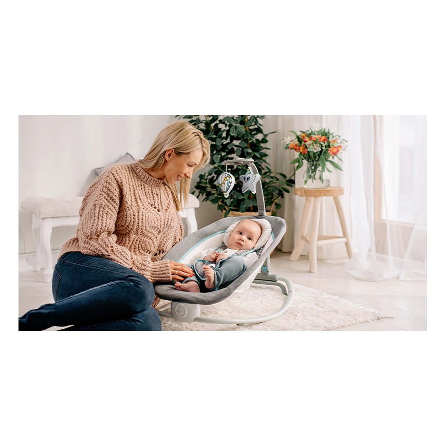 Lionelo - Vibrerande vippstol med melodi PASCAL 2xAA grå/turkos