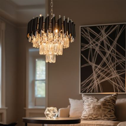 Ljuskrona med kedja CRISTAL 5xE14/10W/230V svart/mattkrom