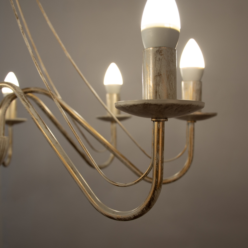 Ljuskrona med kedja MALBO 8xE14/10W/230V vit/guld/patina