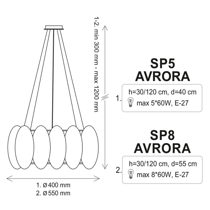 Ljuskrona med snöre AURORA 5xE27/60W/230V