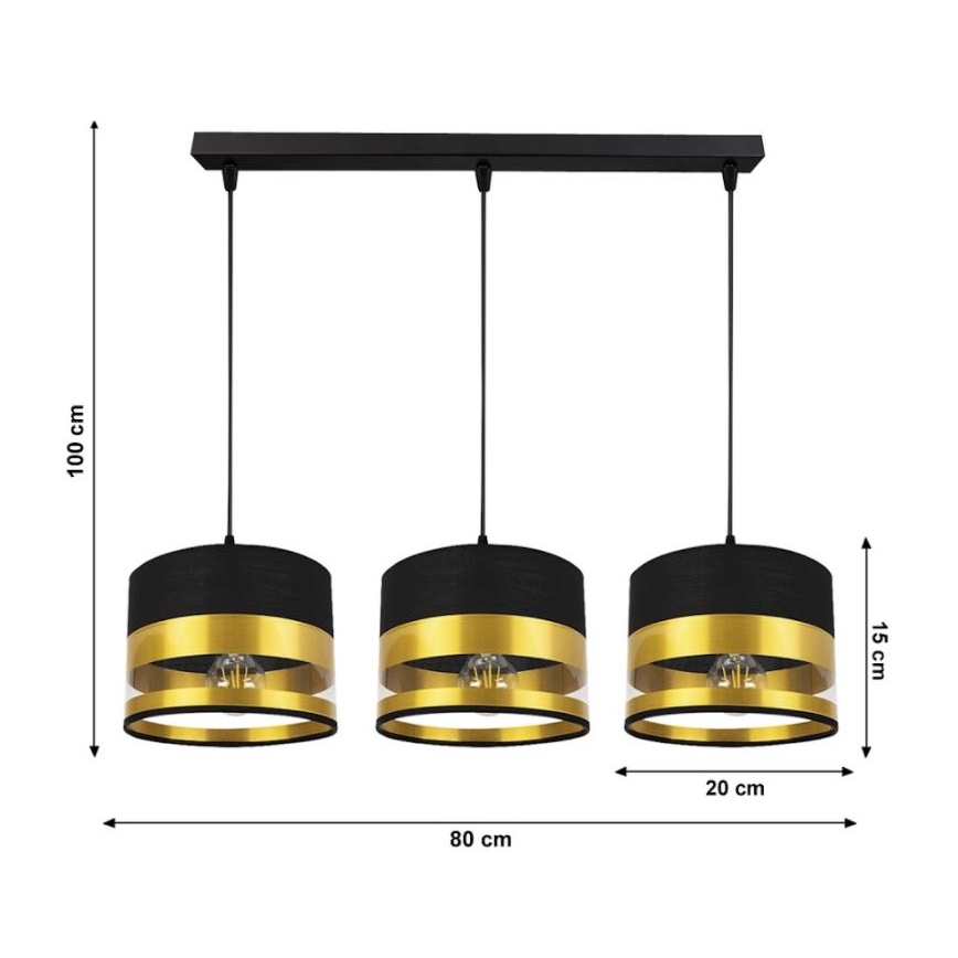 Ljuskrona med snöre MILO 3xE27/60W/230V guld/svart