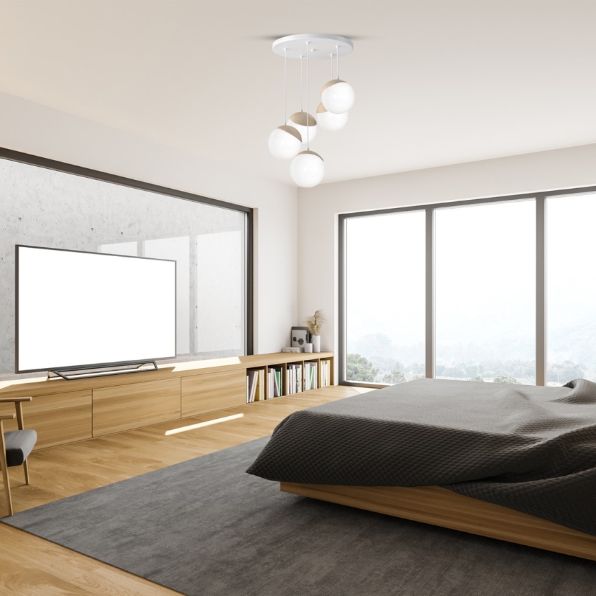 Ljuskrona med snöre SFERA trä 5xE14/40W/230V vit