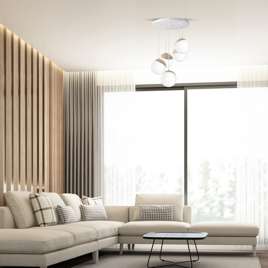 Ljuskrona med snöre SFERA trä 5xE14/40W/230V vit