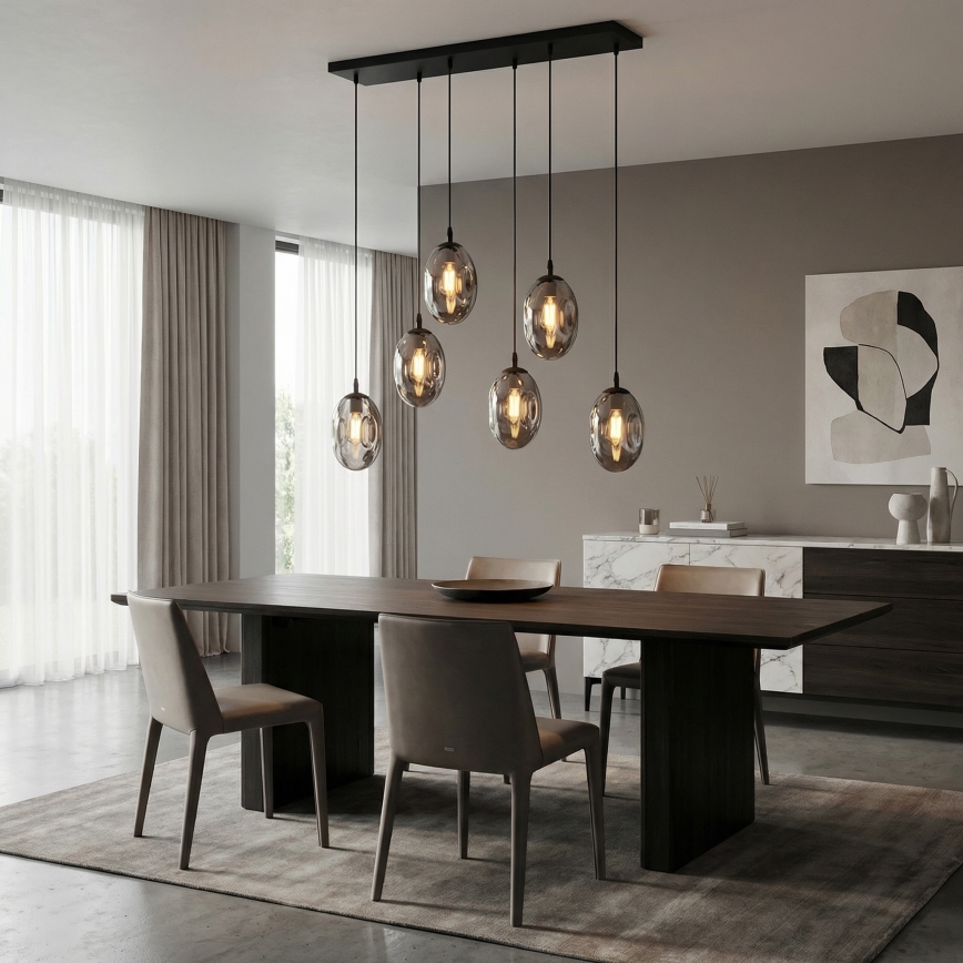Ljuskrona med textilsladd ASTRAL 6xE14/10W/230V svart/rökig