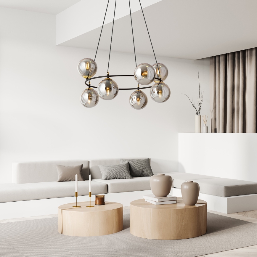 Ljuskrona med textilsladd AZURA 8xE14/10W/230V svart/grå