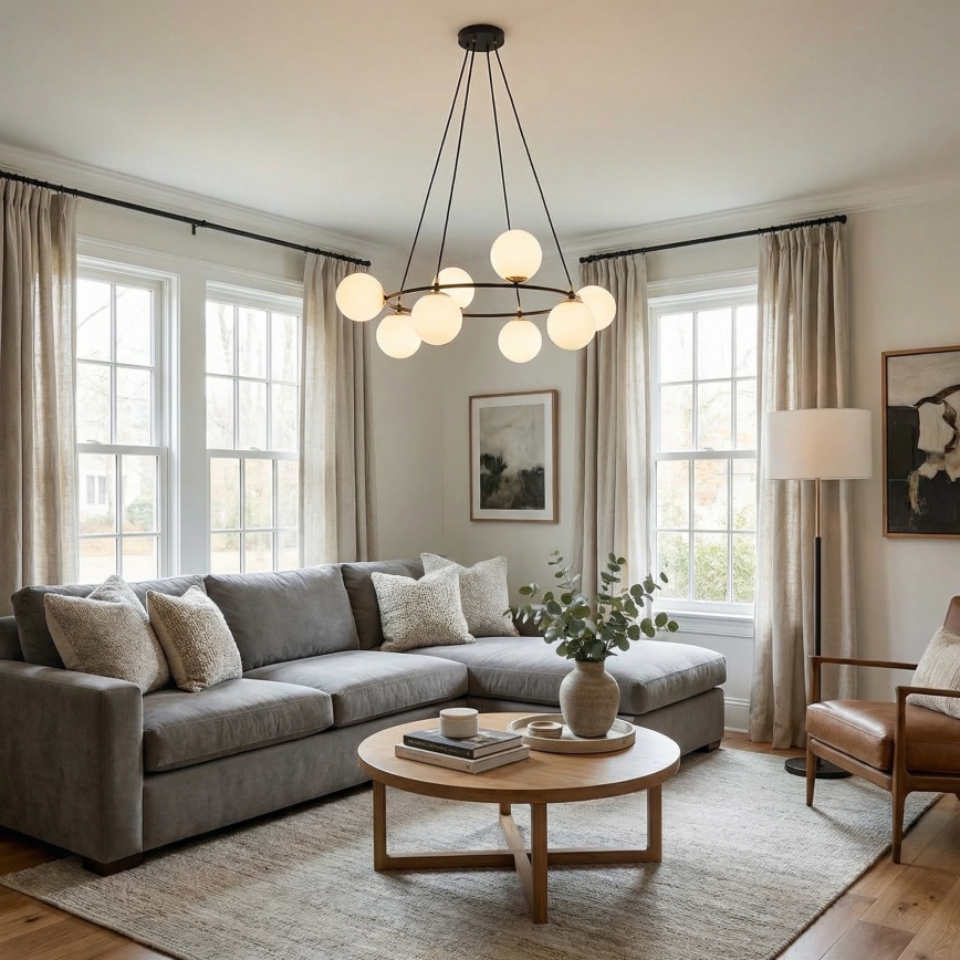 Ljuskrona med textilsladd AZURA 8xE14/10W/230V svart/vit