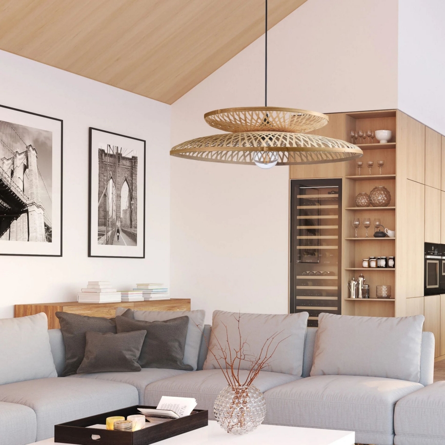 Ljuskrona med textilsladd BALI 1xE27/20W/230V diameter 60 cm bambu