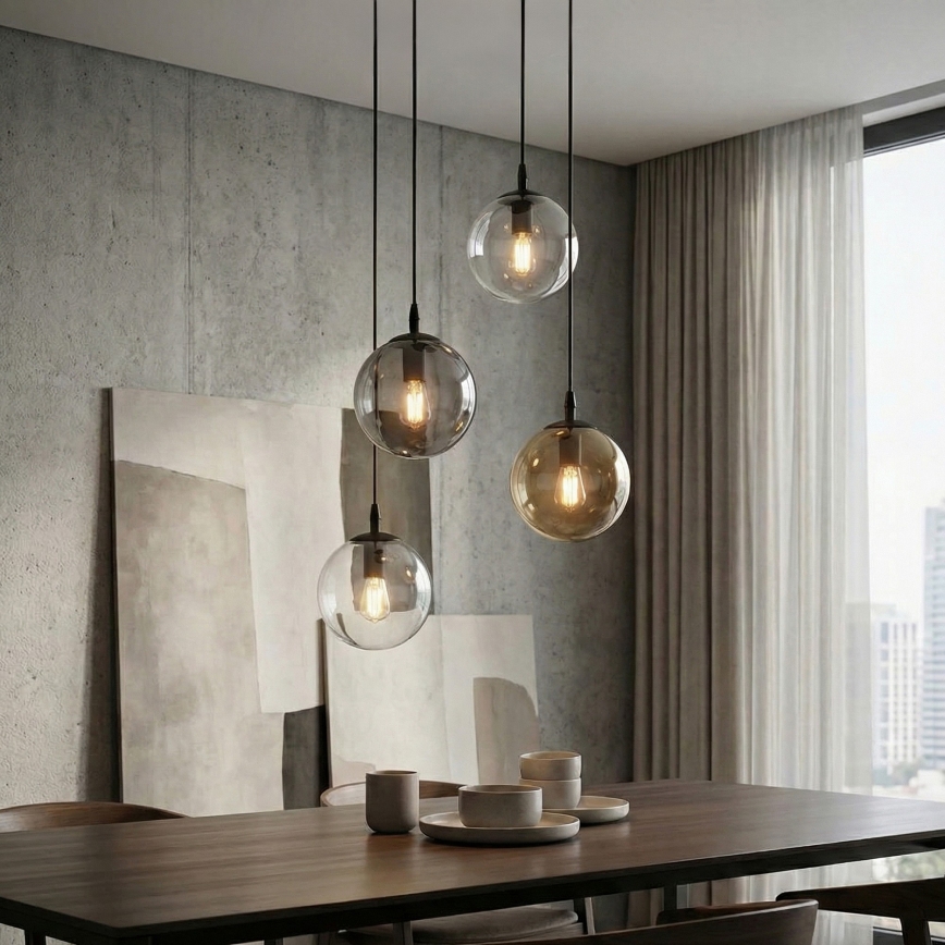 Ljuskrona med textilsladd COSMO 4xE14/10W/230V diameter 40 cm svart/grå/beige/genomskinlig