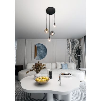 Ljuskrona med textilsladd COSMO 4xE14/10W/230V diameter 40 cm svart/grå/beige/genomskinlig