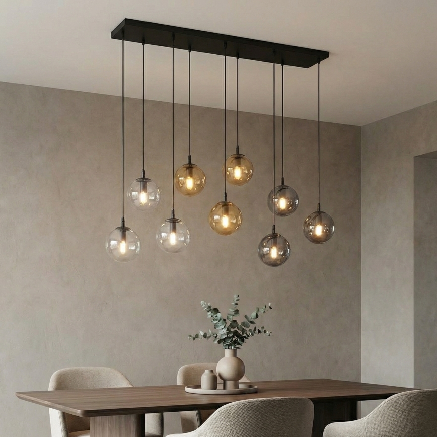 Ljuskrona med textilsladd COSMO 9xE14/10W/230V svart/grå/beige/genomskinlig