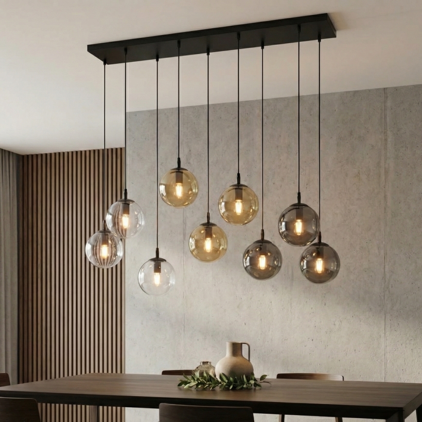 Ljuskrona med textilsladd COSMO 9xE14/10W/230V svart/grå/beige/genomskinlig