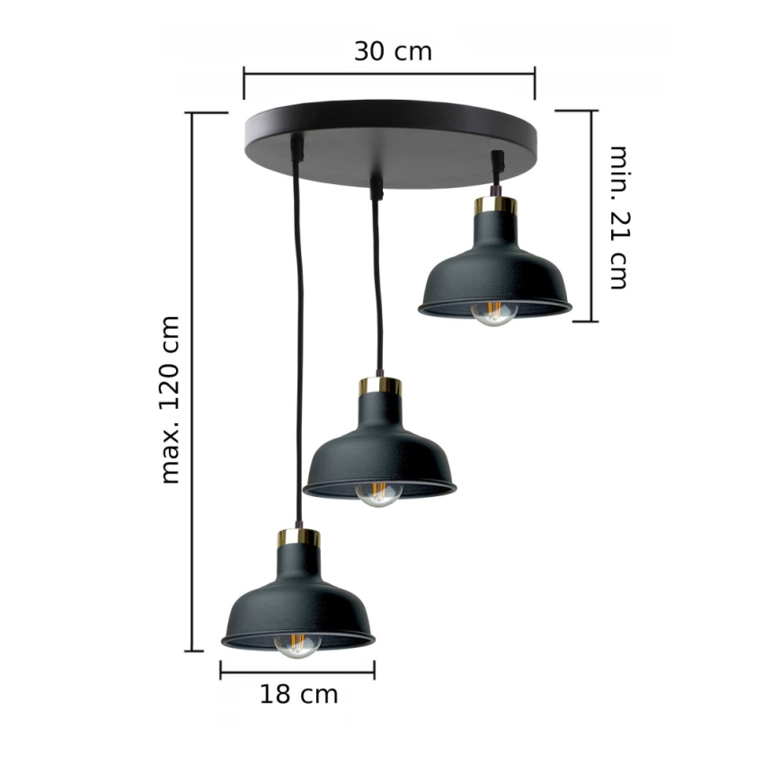 Ljuskrona med textilsladd HEBE 3xE27/60W/230V svart