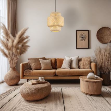 Ljuskrona med textilsladd HESTIA 1xE27/60W/230V diameter 30 cm bambu