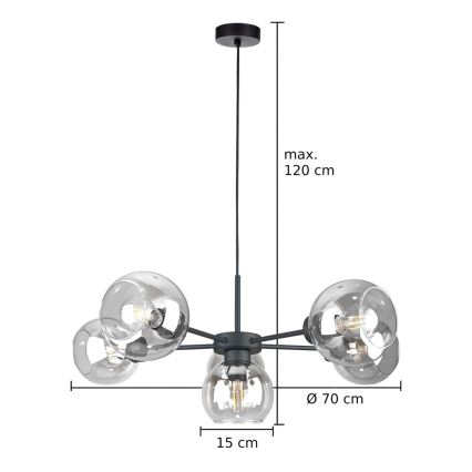 Ljuskrona med textilsladd KALIOPE 6xE27/60W/230V svart/genomskinlig