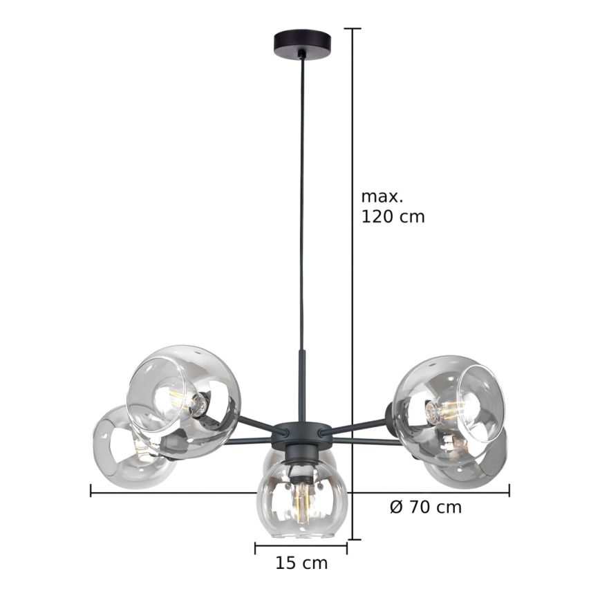 Ljuskrona med textilsladd KALIOPE 6xE27/60W/230V svart/genomskinlig