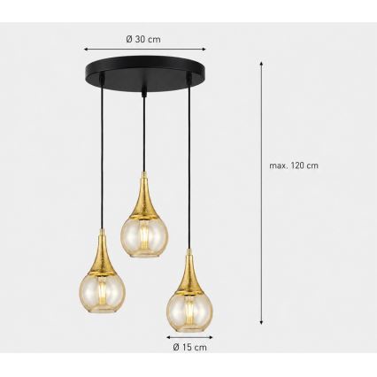 Ljuskrona med textilsladd LACRIMA HONEY 3xE27/60W/230V diameter 30 cm