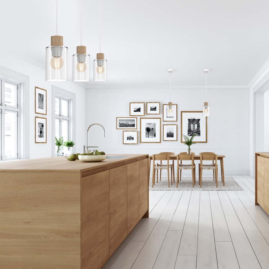 Ljuskrona med textilsladd MADERA 3xE27/60W/230V vit/trä