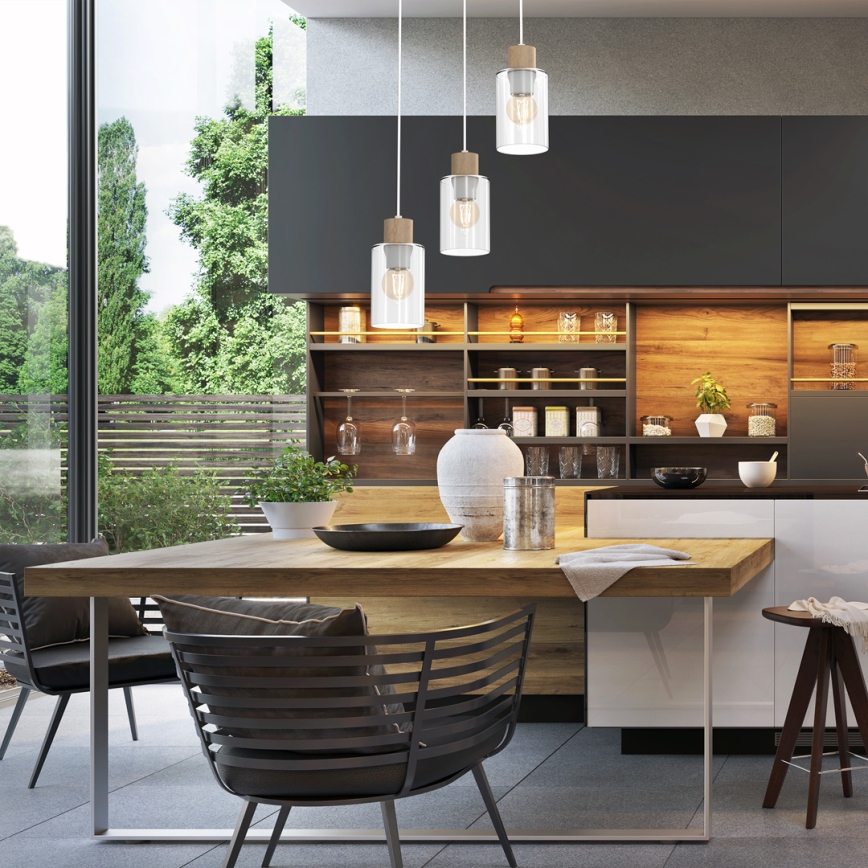 Ljuskrona med textilsladd MADERA 3xE27/60W/230V vit/trä