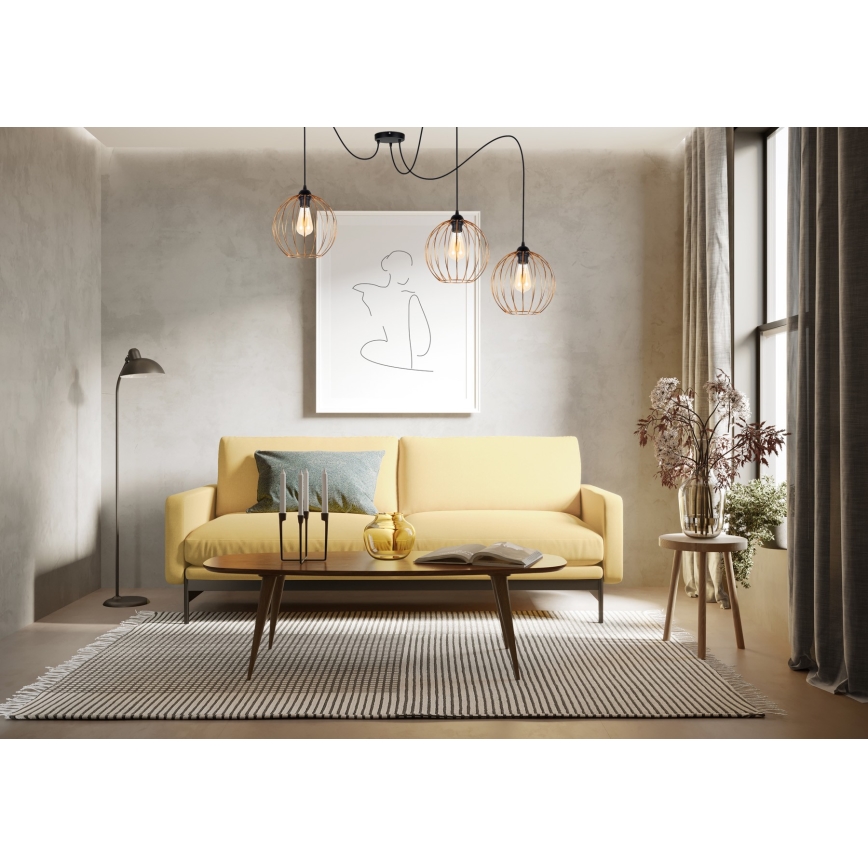 Ljuskrona med textilsladd MATT 3xE27/60W/230V spindel svart/koppar