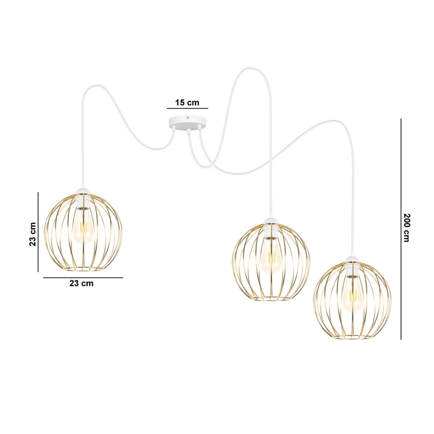 Ljuskrona med textilsladd MATT 3xE27/60W/230V spindel vit/guld