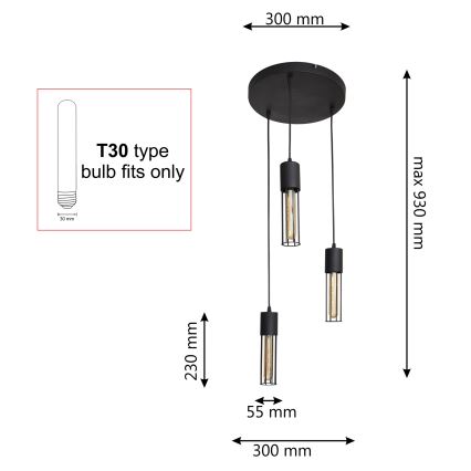 Ljuskrona med textilsladd MELODY 3xE27/15W/230V svart