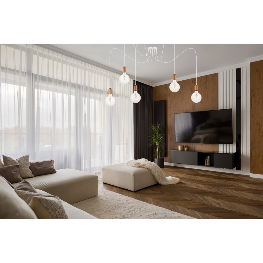 Ljuskrona med textilsladd MIROS 5xE27/60W/230V spindel vit/koppar