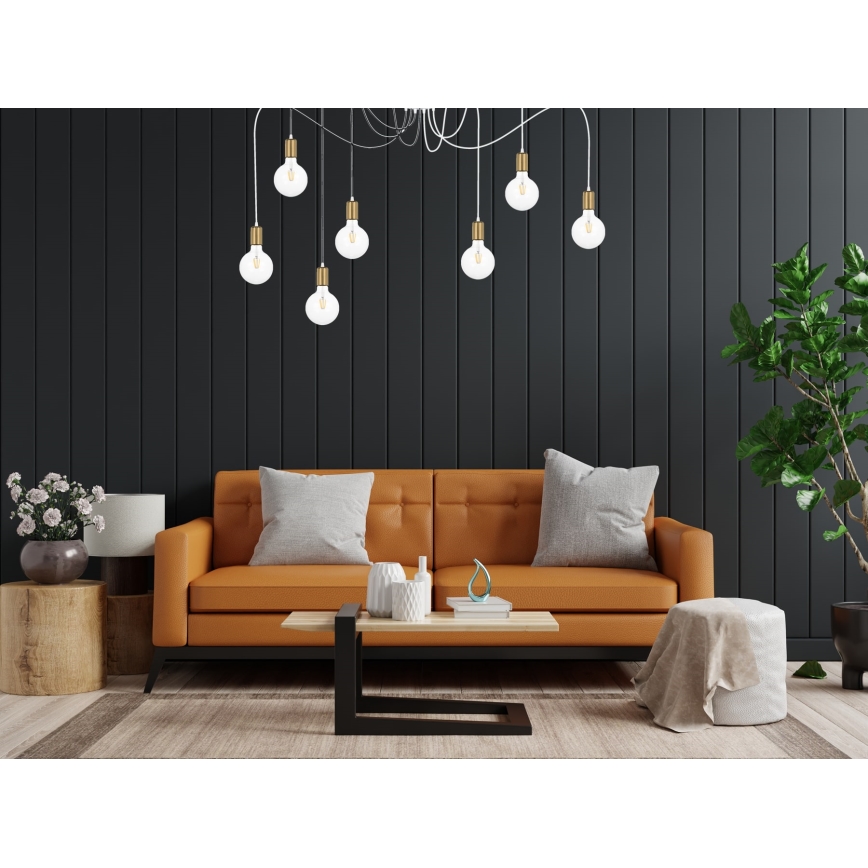 Ljuskrona med textilsladd MIROS 7xE27/60W/230V spindel vit/guld