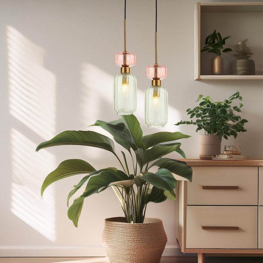 Ljuskrona med textilsladd MOLLY 1xE14/40W/230V diameter 12 cm guld/grön/rosa