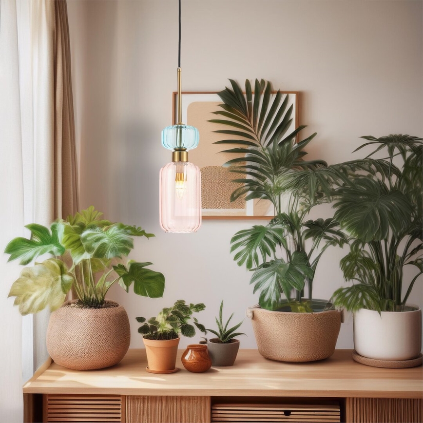 Ljuskrona med textilsladd MOLLY 1xE14/40W/230V diameter 12 cm guld/rosa/blå