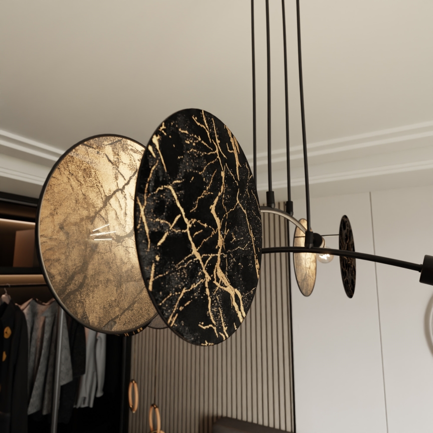 Ljuskrona med textilsladd MOTIF 4xE27/15W/230V svart/guld