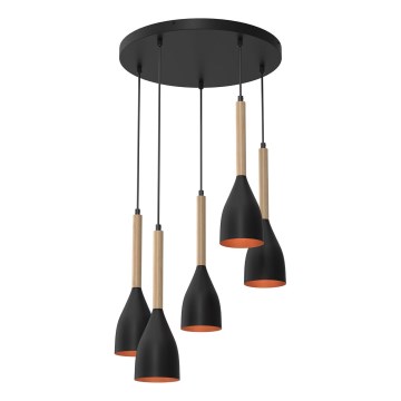 Ljuskrona med textilsladd MUZA 5xE27/15W/230V svart/beige/koppar/bok