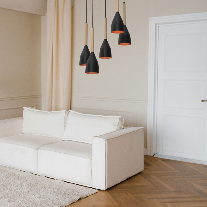 Ljuskrona med textilsladd MUZA 5xE27/15W/230V svart/beige/koppar/bok