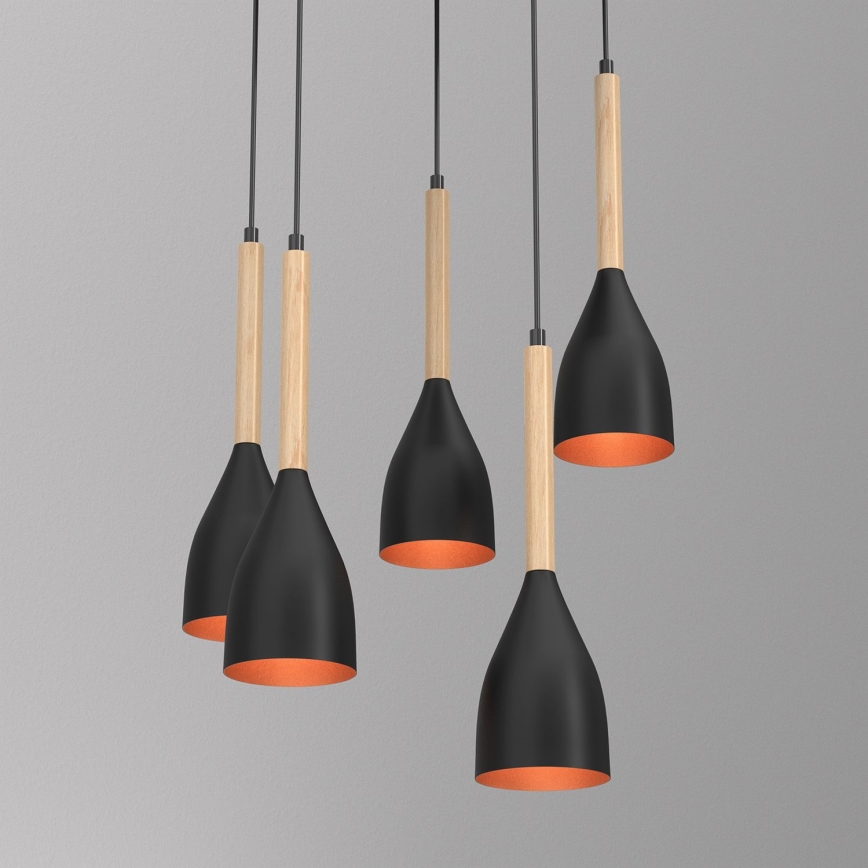 Ljuskrona med textilsladd MUZA 5xE27/15W/230V svart/beige/koppar/bok